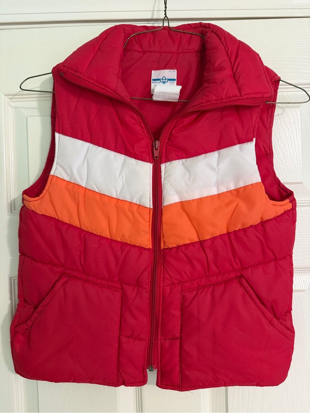Vintage Red Puffer Vest with White & Orange Stripes - Kids